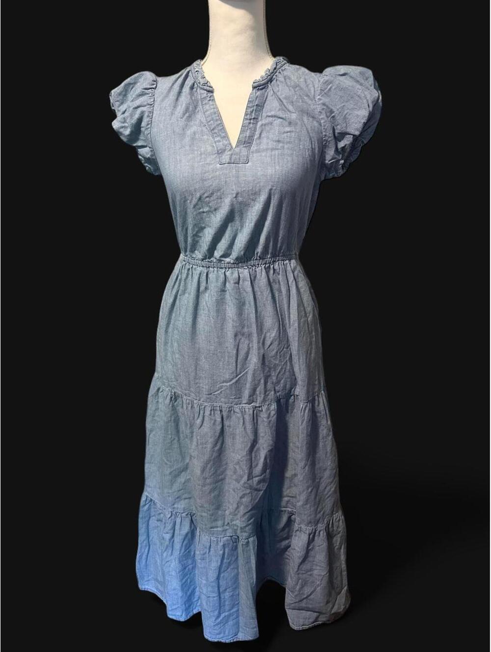 J.Crew Willa Chambray Midi Dress 0 TALL Blue Puff Sleeve Tiered Cotton